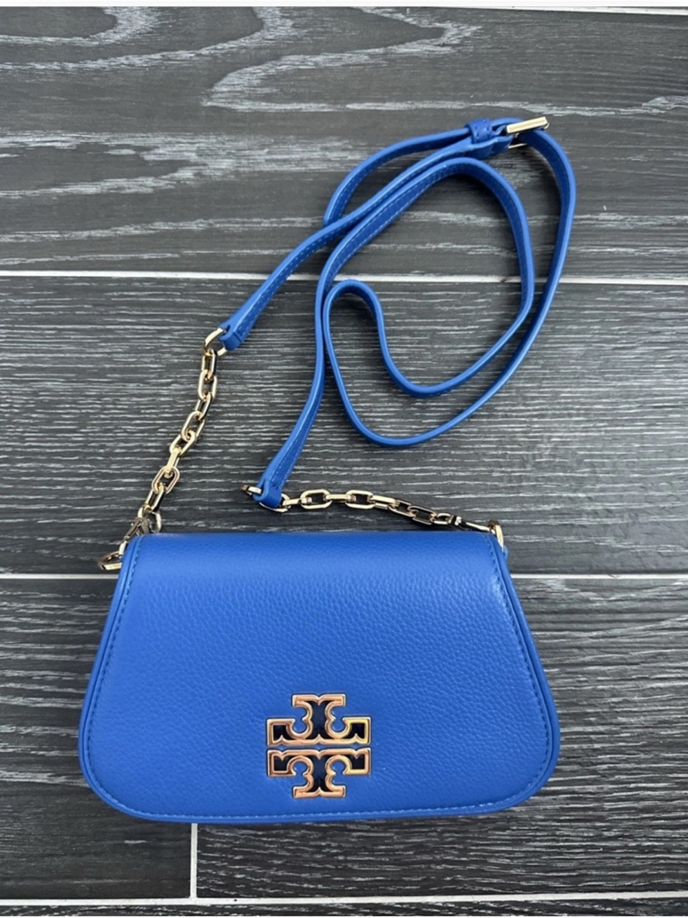 Tory Burch Brittenclutch Bondi Blue Gold Chain Strap Crossbody Clutch Bag